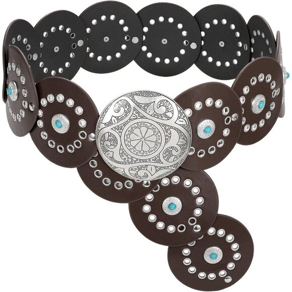 Woman\'s Western PU Leather Belt Concho Disc Wide Waist Belt Coffee Silver Buckle